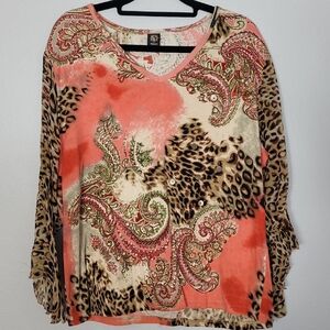 BILA Paisley Leopard Print Tunic Top Size M/L Sheer Y2K Embellished Boho Festiva